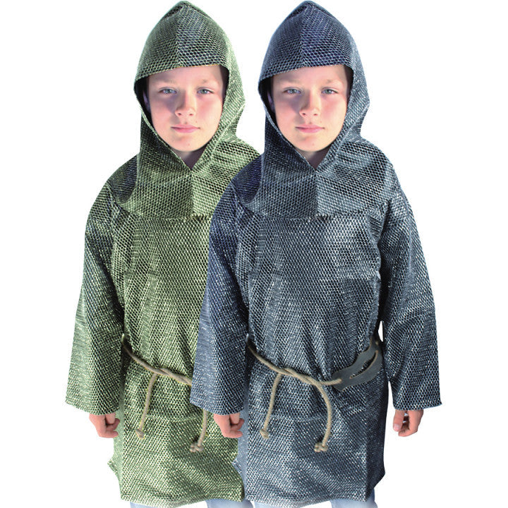 Two children wearing gold and silver chain mail hoods, tunics, and sword holder on a white background