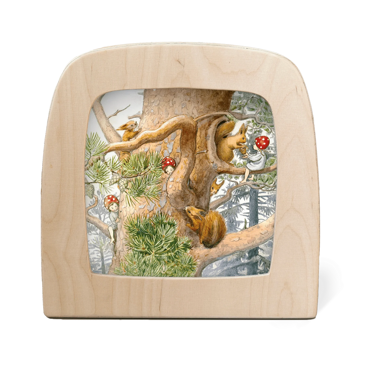 Wooden frame with silhouette of children and squirrels playing in a tree on a white background