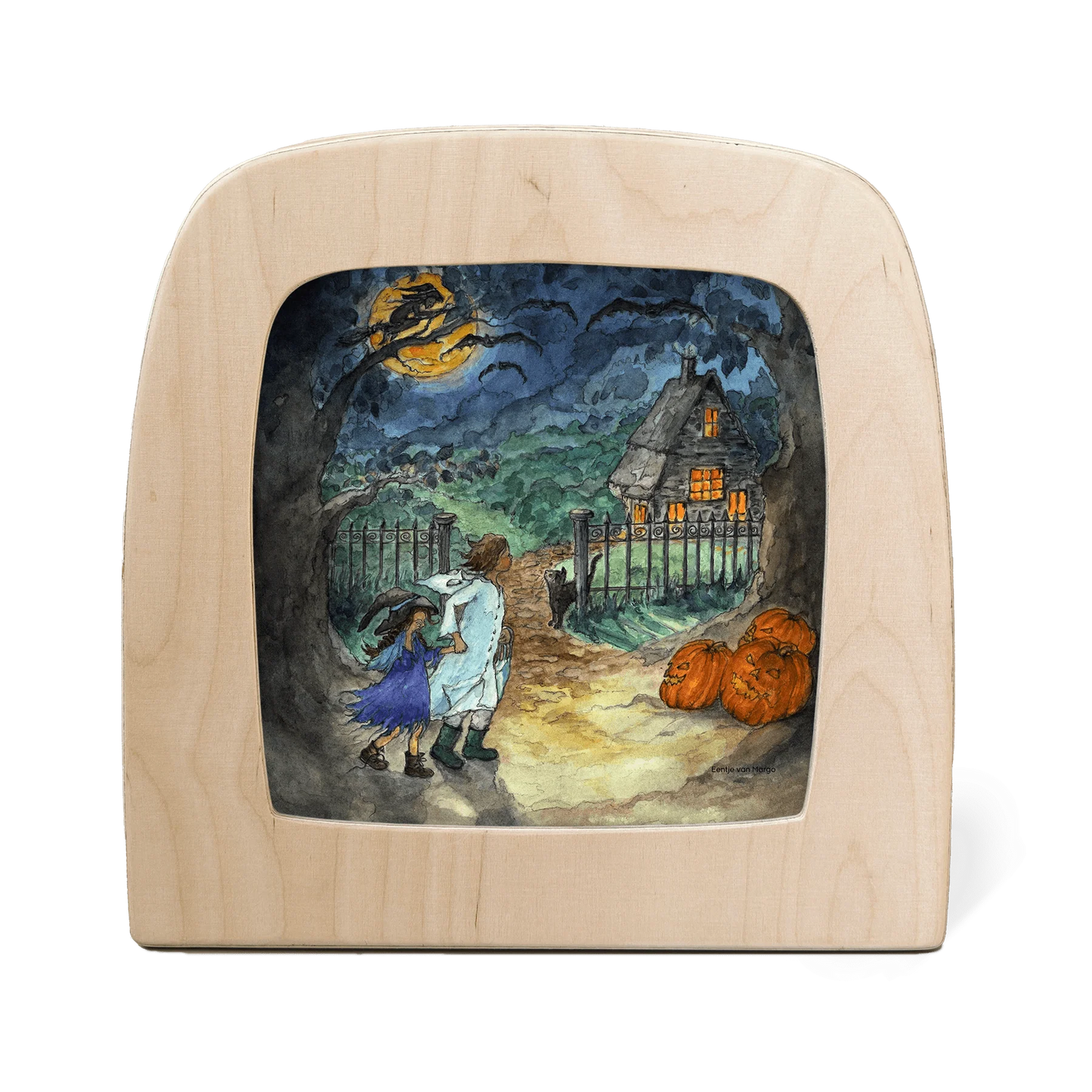 Wooden frame with silhouette of two children trick or treating in the woods
