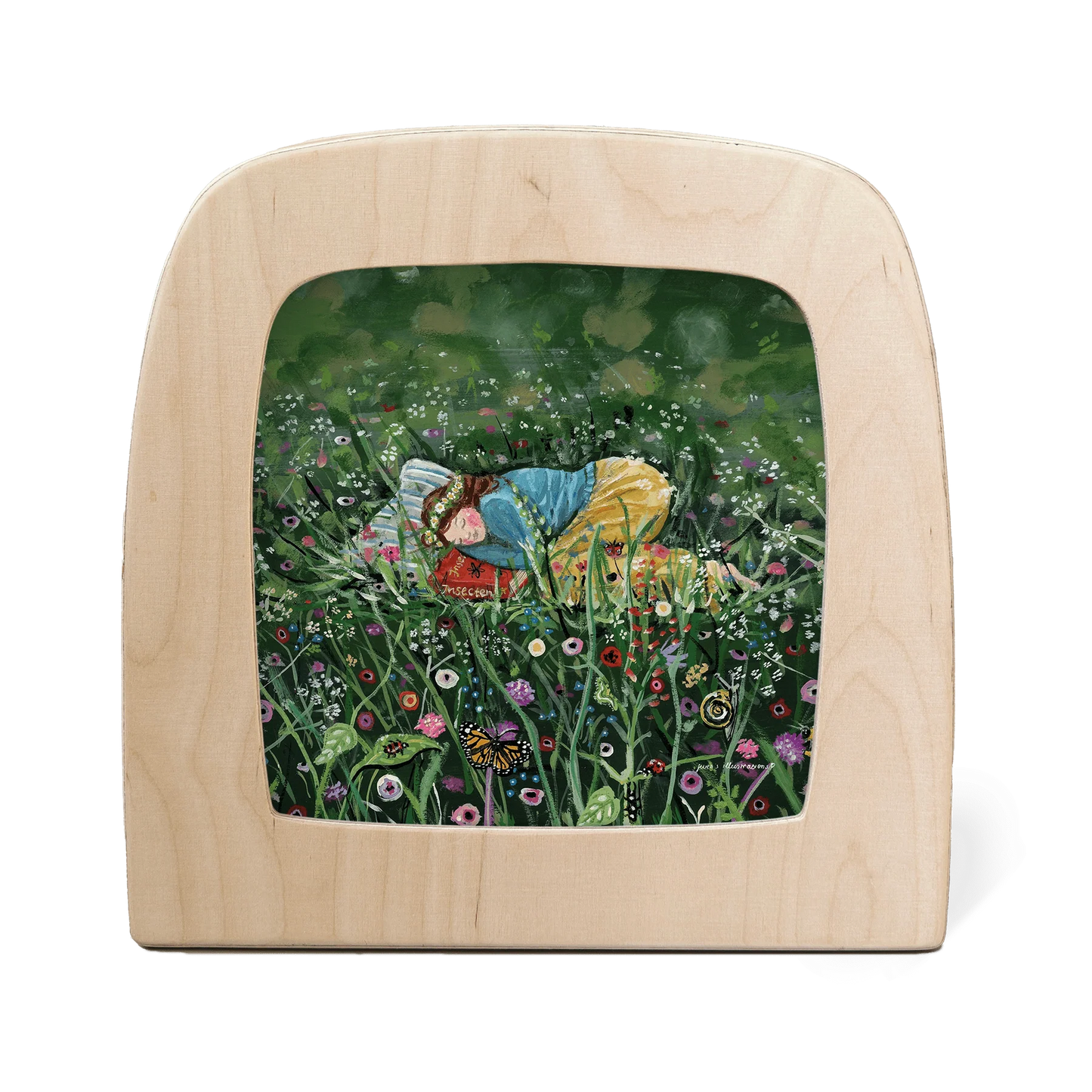 Wooden frame with silhouette of young girl sleeping in a green field surrounded by flowers and bugs