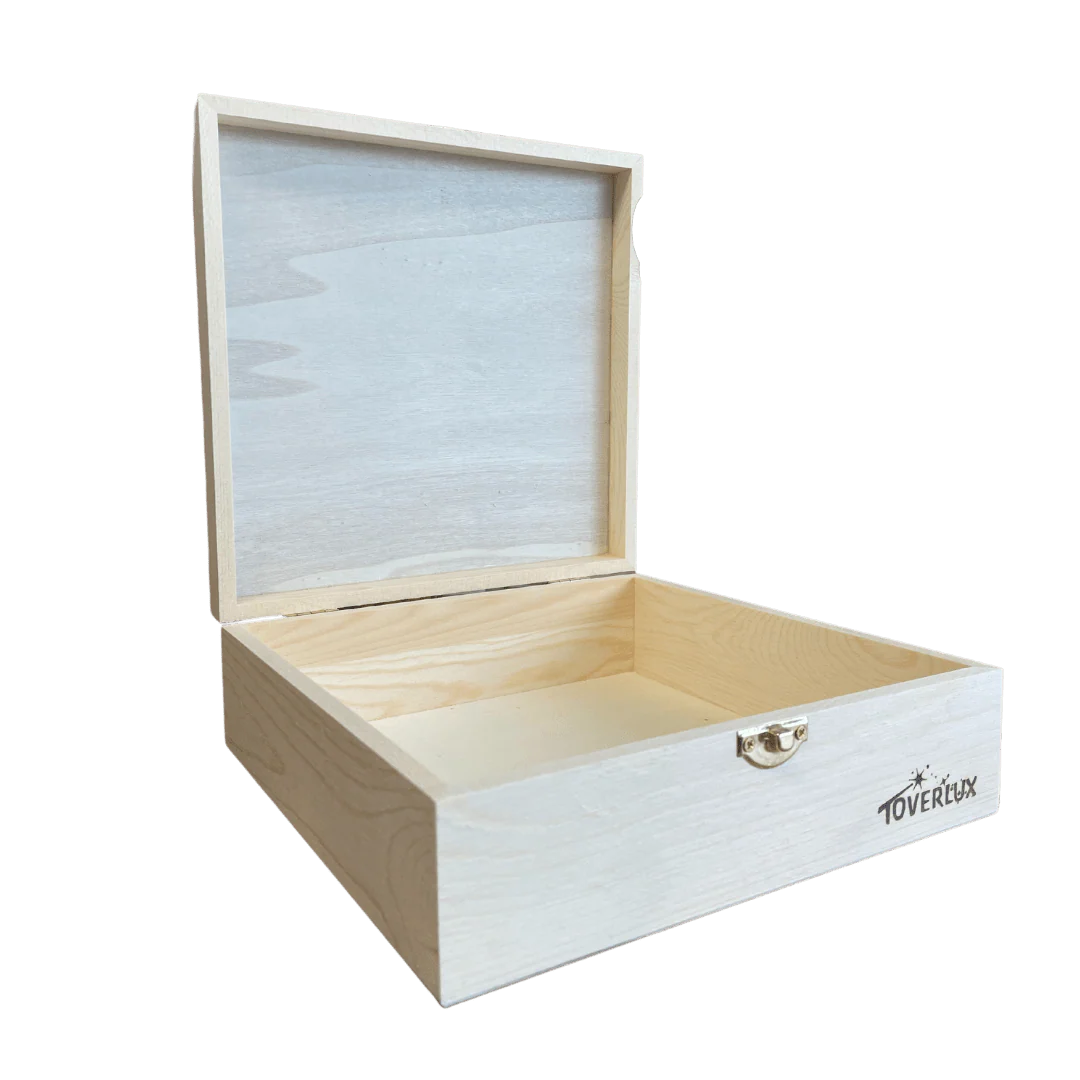 Wooden storage box with open lid