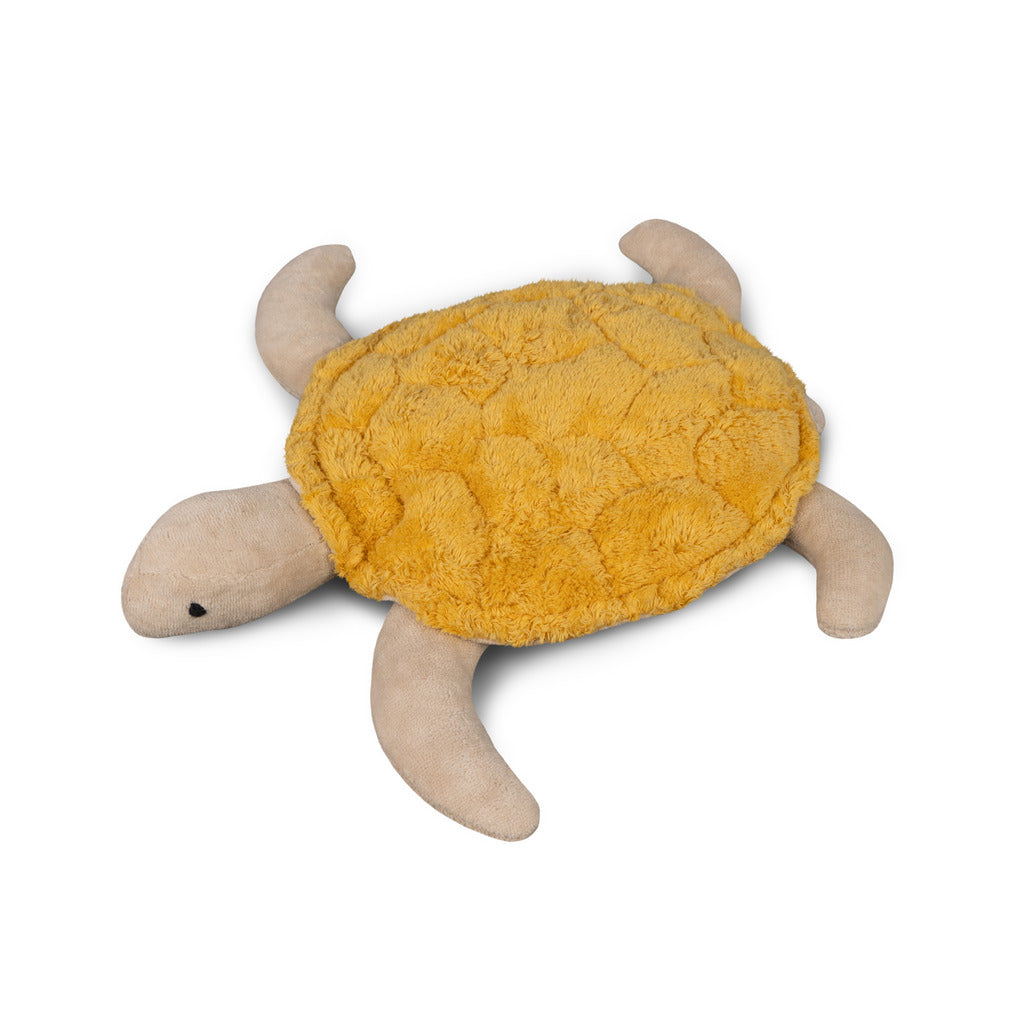Turtle stuffed animal with beige flippers and a yellow shell on a white background