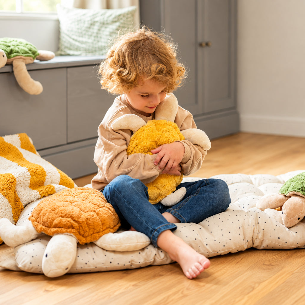 Child sitting on a pillow on the floor holding a stuffed turtle with a yellow shell, surrounded by other stuffed turtles with rust and green shells