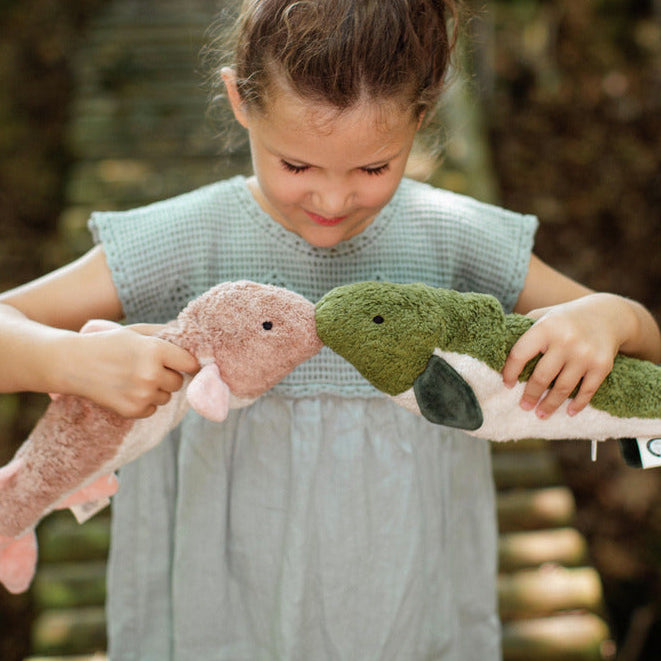 Girl in a blue dress holding a pink and a green fish-shaped stuffed animal in an outdoor setting