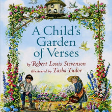Book cover of 'A Child's Garden of Verses' with children in a garden and decorative border.