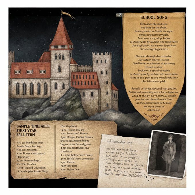 Decorative design with castle, moon, and text on a dark background