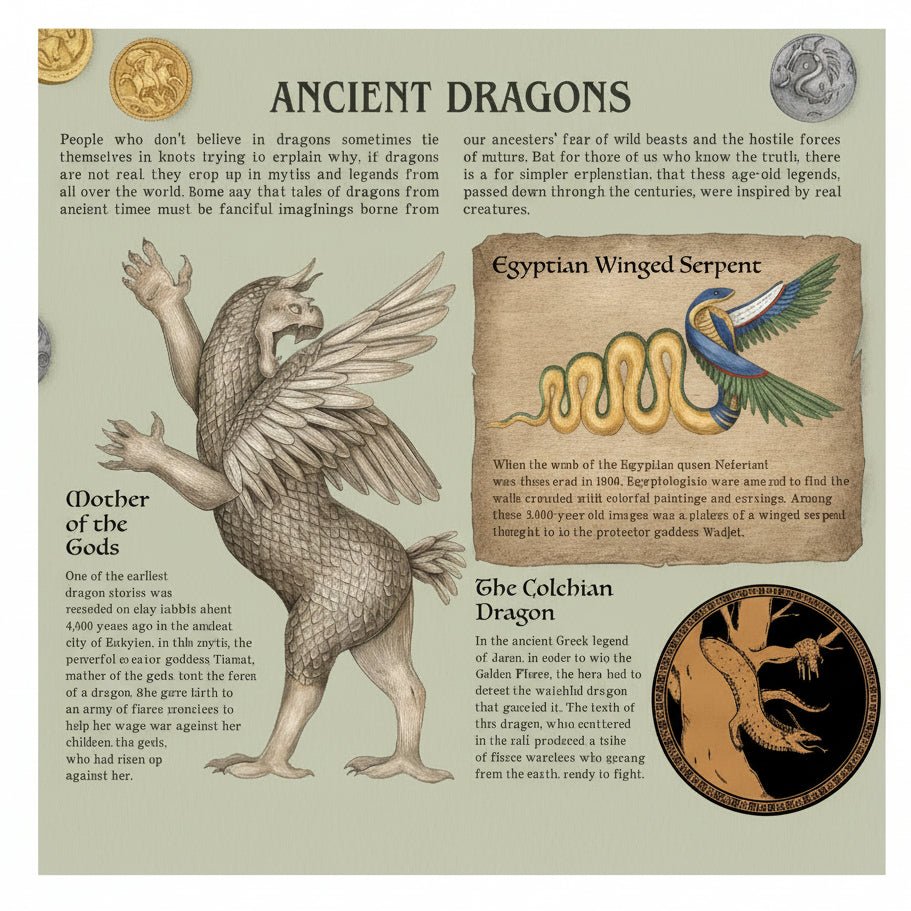 Illustrations and descriptions of various dragons from different cultures on a textured background.