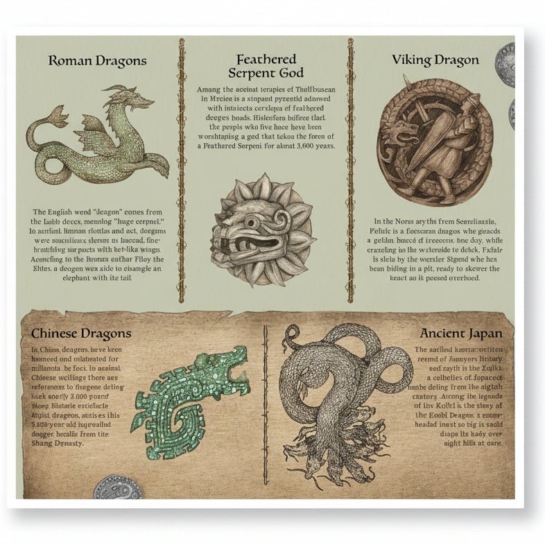 Illustrations and descriptions of various dragons from different cultures on a textured background.