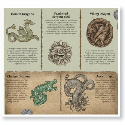 Illustrations and descriptions of various dragons from different cultures on a textured background.