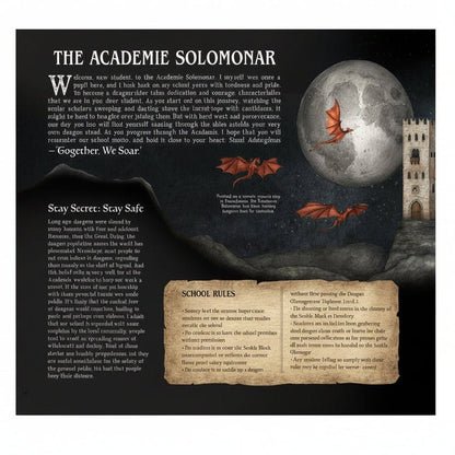 Page from a book with a history of the Academie Solomonar school for dragon-riders