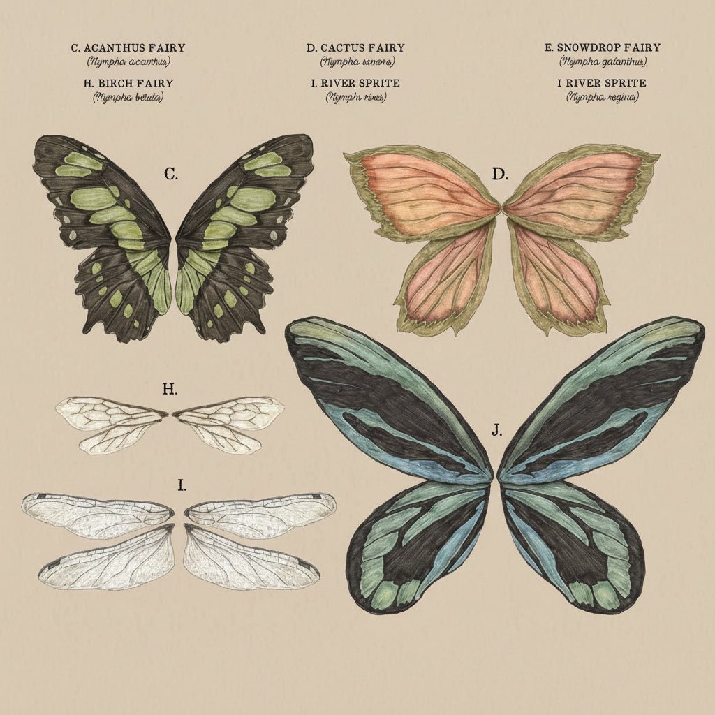 Vintage-style scientific illustration poster titled 'FAIRY WINGS' showing multiple butterfly wing diagrams labeled A through W on a beige background.