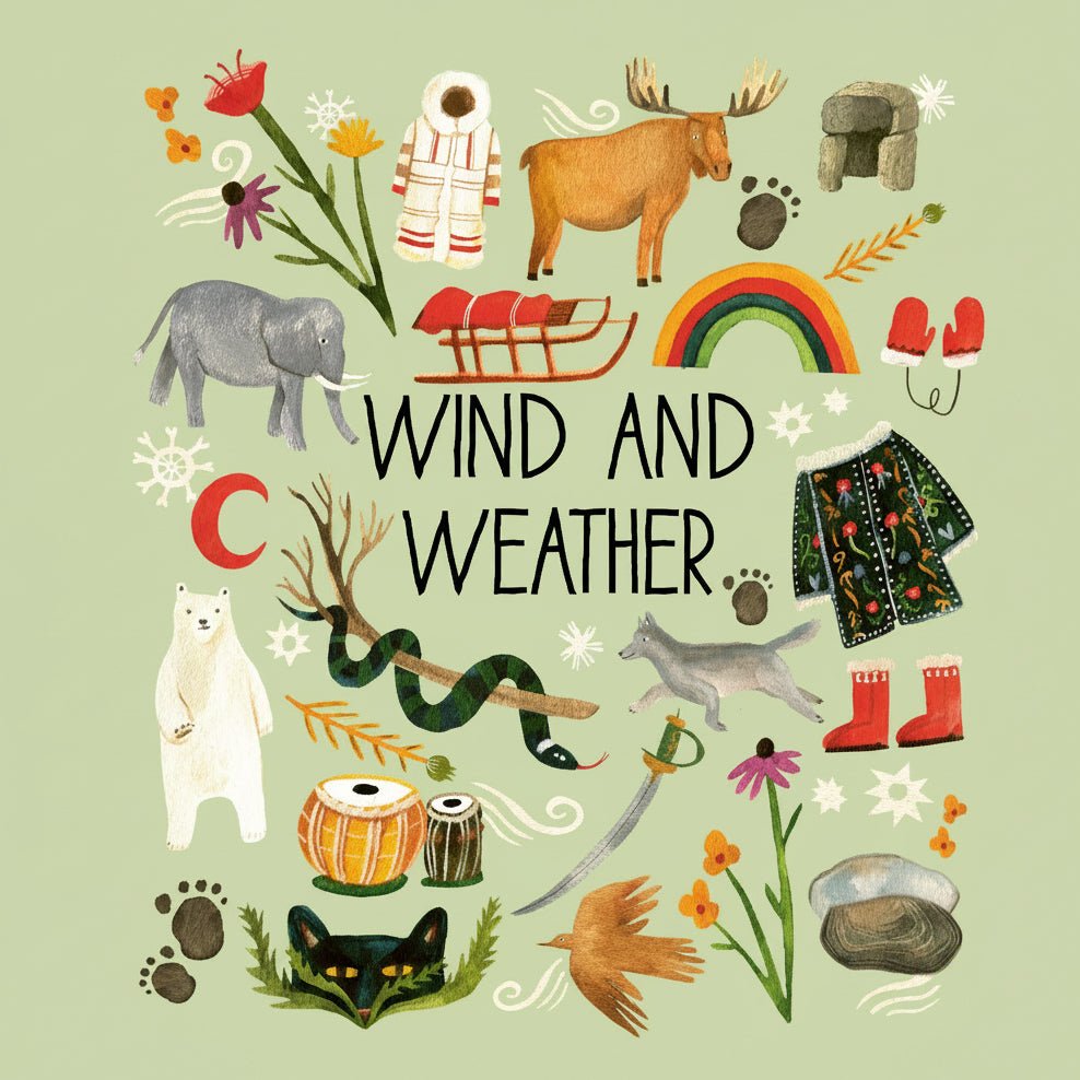 Illustrated book page with 'Wind and Weather' theme, featuring animals, nature elements, and text.
