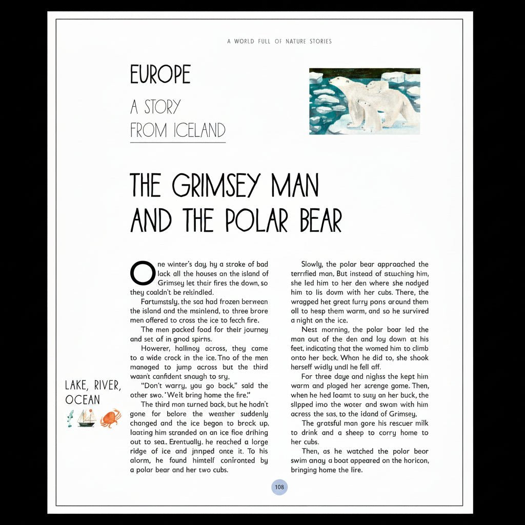Page from a book with the story, 'The Grimsey Man and the Polar Bear' on a white background