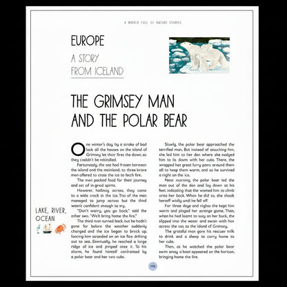 Page from a book with the story, 'The Grimsey Man and the Polar Bear' on a white background