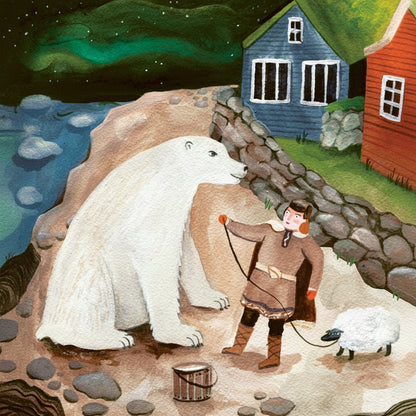 Illustrated book page with a polar bear and a person in a snowy landscape.