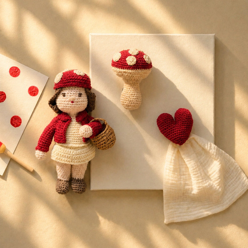 Tan surface with  crocheted heart lovie, crocheted red polka dot mushroom, and doll wearing a red sweater and hat and holding a brown basket