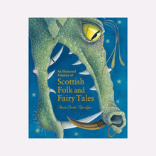 Book cover of 'An Illustrated Treasury of Scottish Folk and Fairy Tales' with a dragon illustration on a blue background.