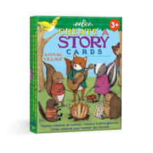 Children's card game titled 'Create a Story Cards: Animal Village' by eeBoo on a white background