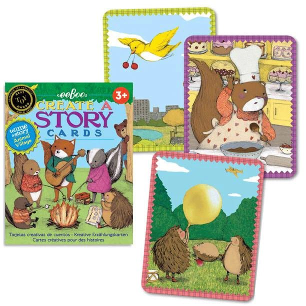 Set of animal-themed story cards with packaging on a white background
