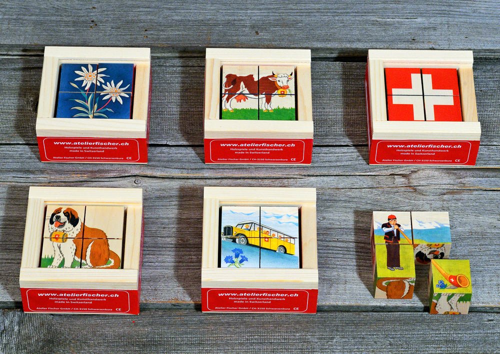 Six different puzzle images of Swiss items.