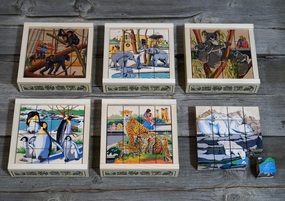 Atelier Fischer Wooden Block Cube Puzzle in Wooden Case - Wild Animals (16 Pieces) - wood Puzzles for open-ended play - Ti...