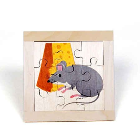 Wooden puzzle with a mouse and cheese design on a white background