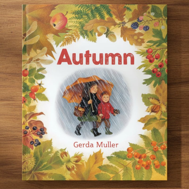 Autumn board book by Gerda Muller on a wooden surface