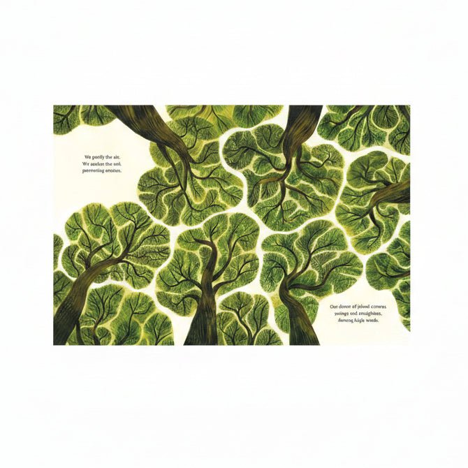 Illustration of intertwined trees with text on a white background