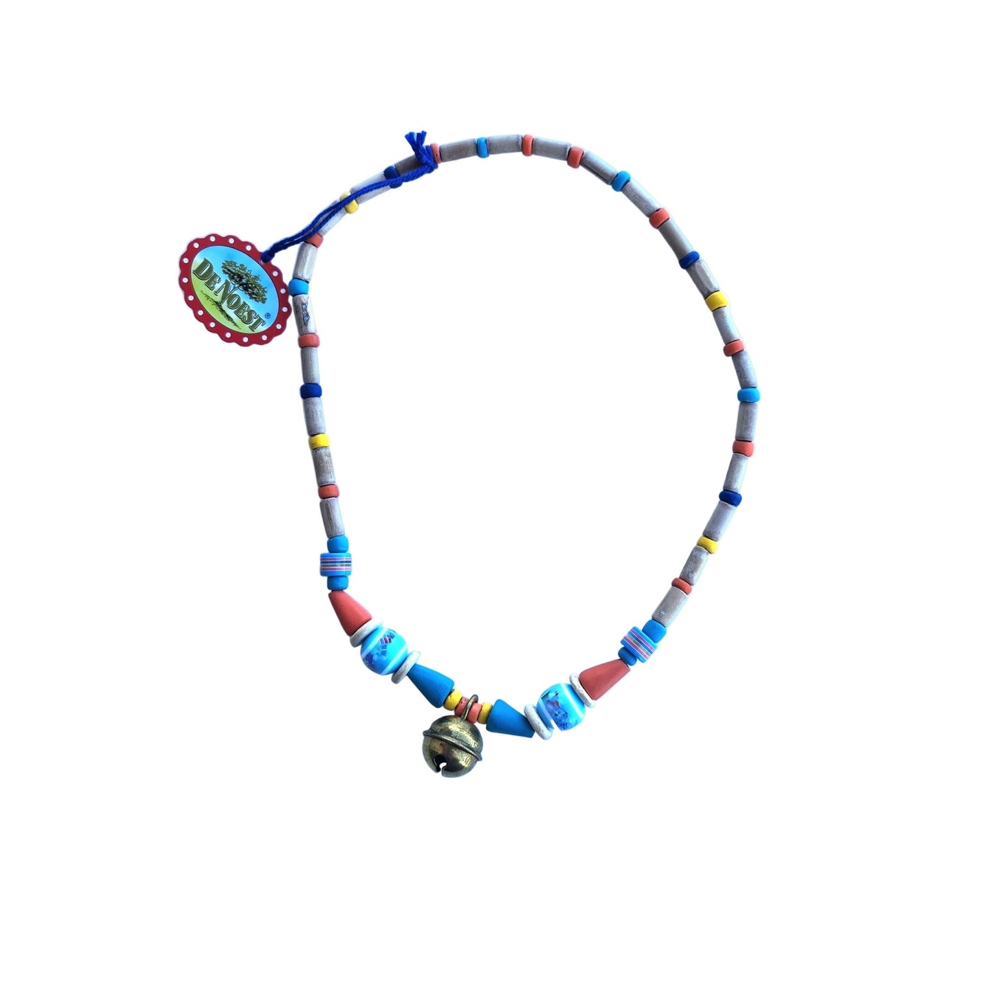 Colorful wooden beaded necklace with a gold bell on a white background