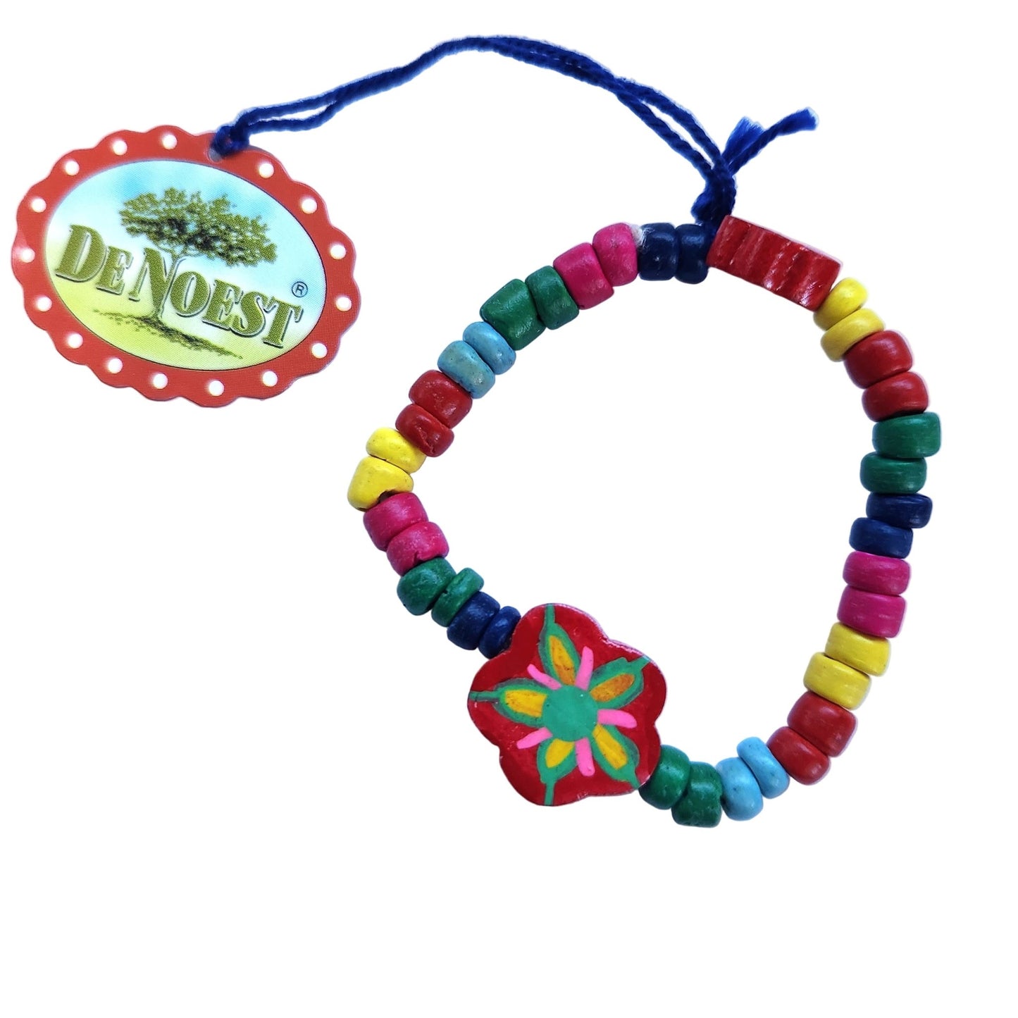 Colorful beaded bracelet with a floral charm on a white background