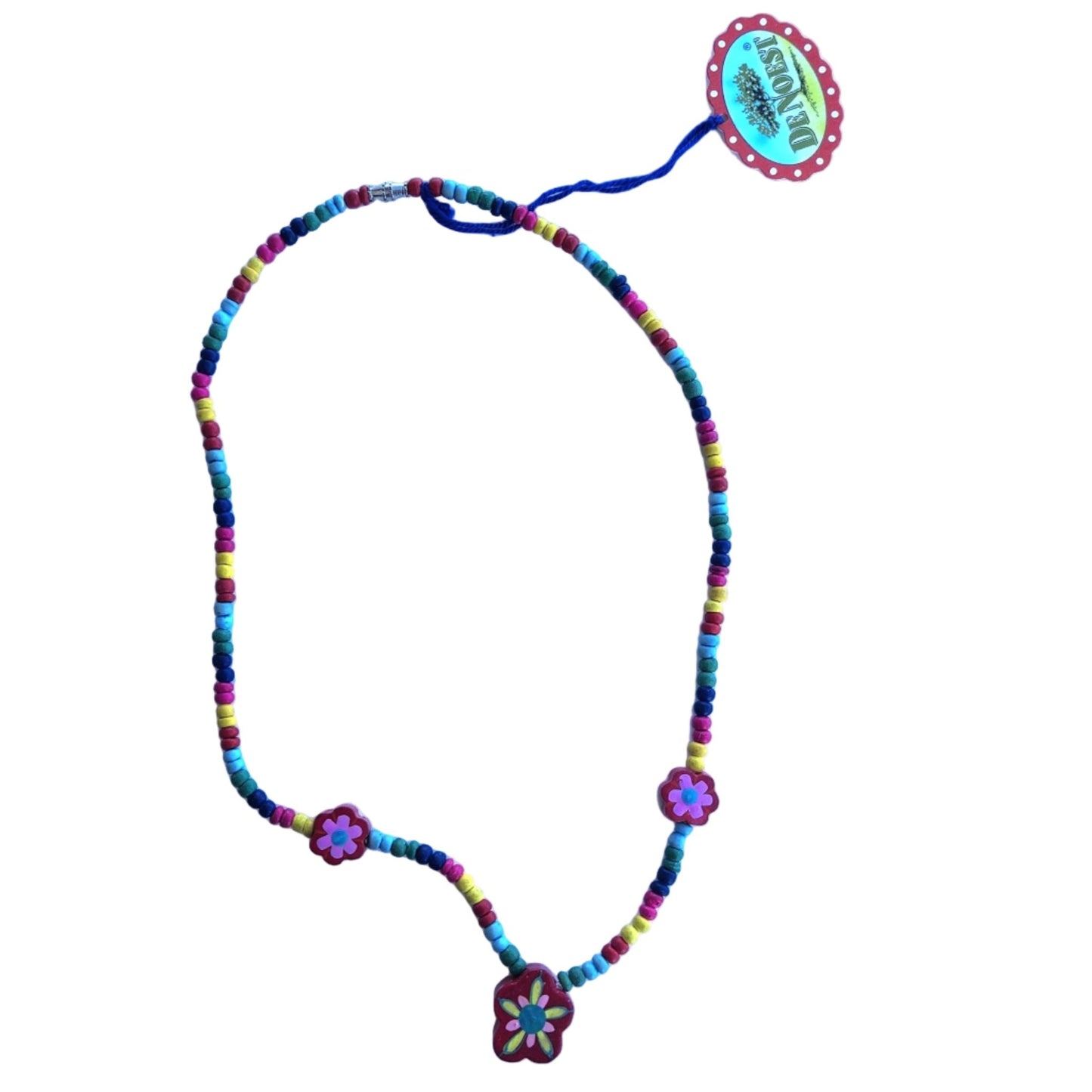 Colorful beaded necklace with a flower pendant on a white background