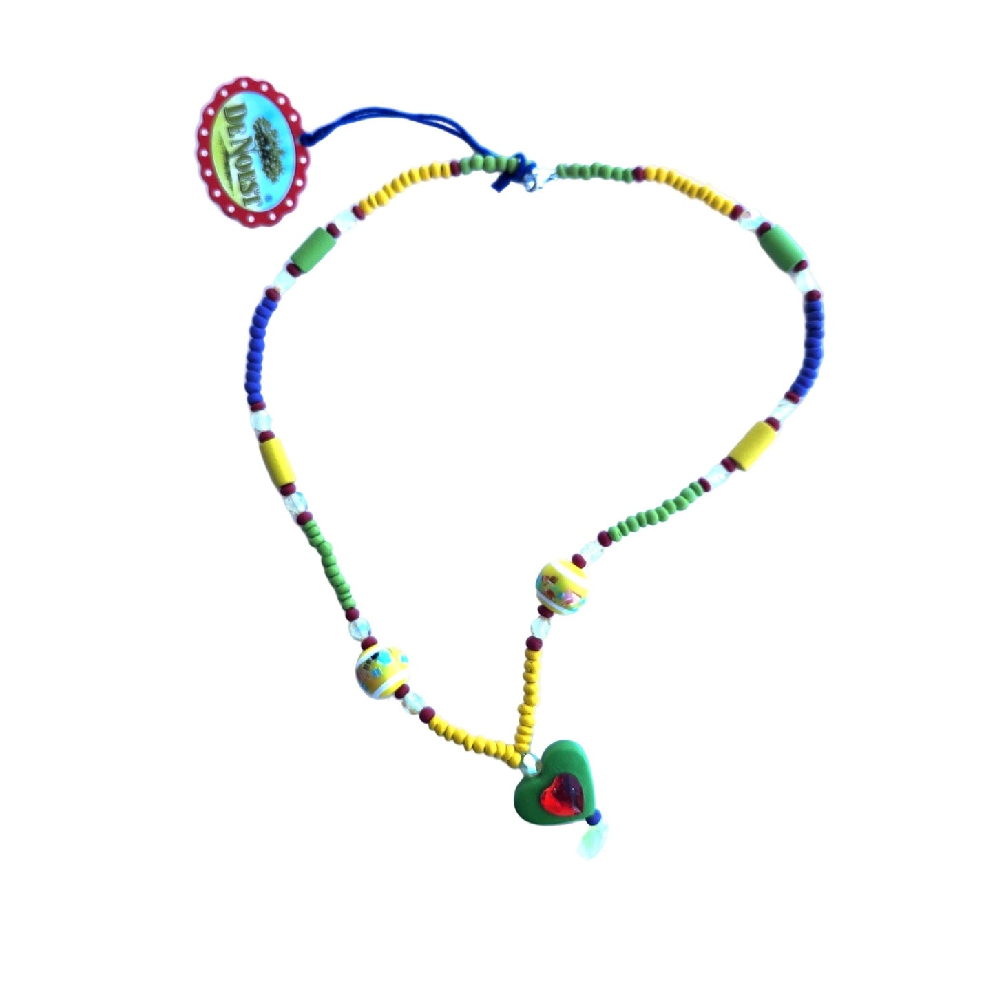 Colorful beaded necklace with a heart-shaped pendant on a white background