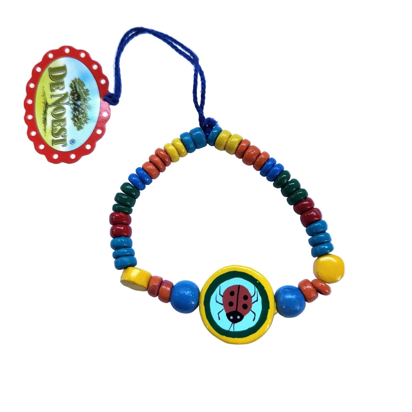 Colorful beaded bracelet with a ladybug charm on a white background