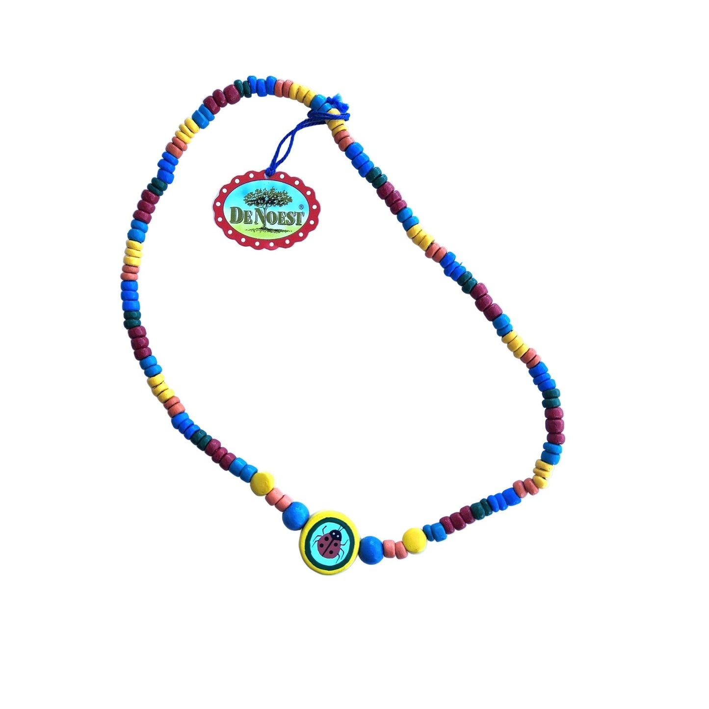 Colorful wooden beaded necklace with a ladybug pendant on a white background