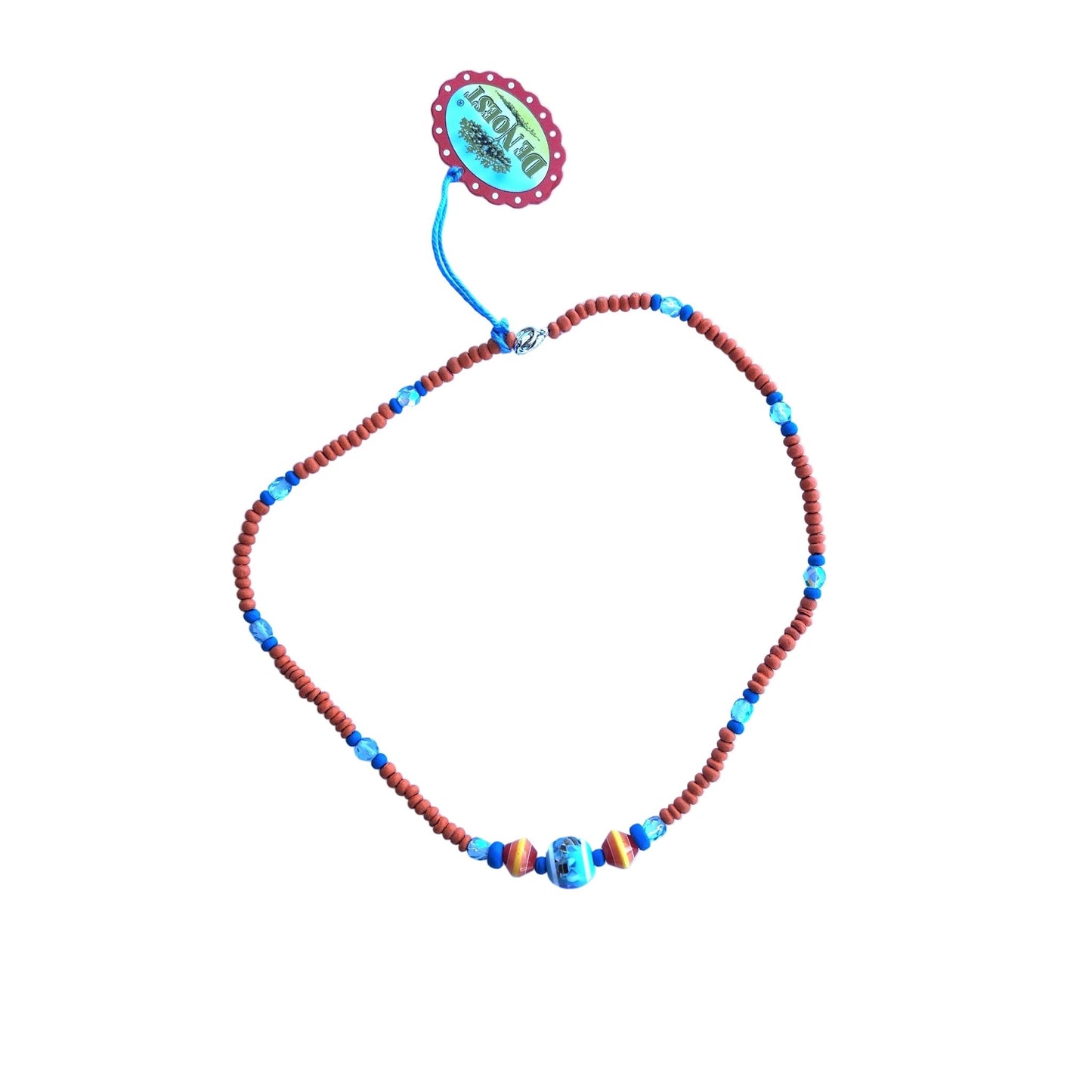 Colorful orange and blue beaded necklace on a white background