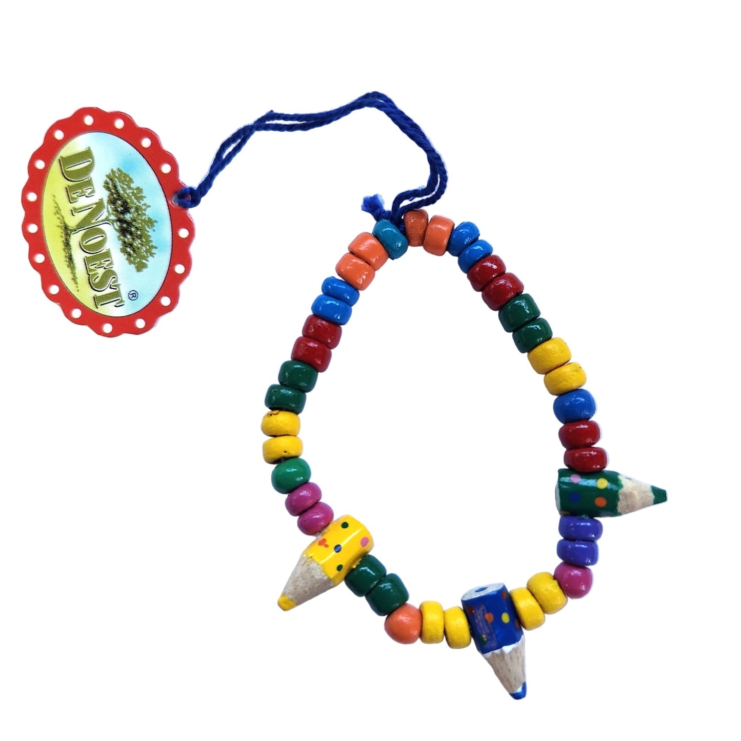 Colorful beaded bracelet with pencil-shaped beads on a white background