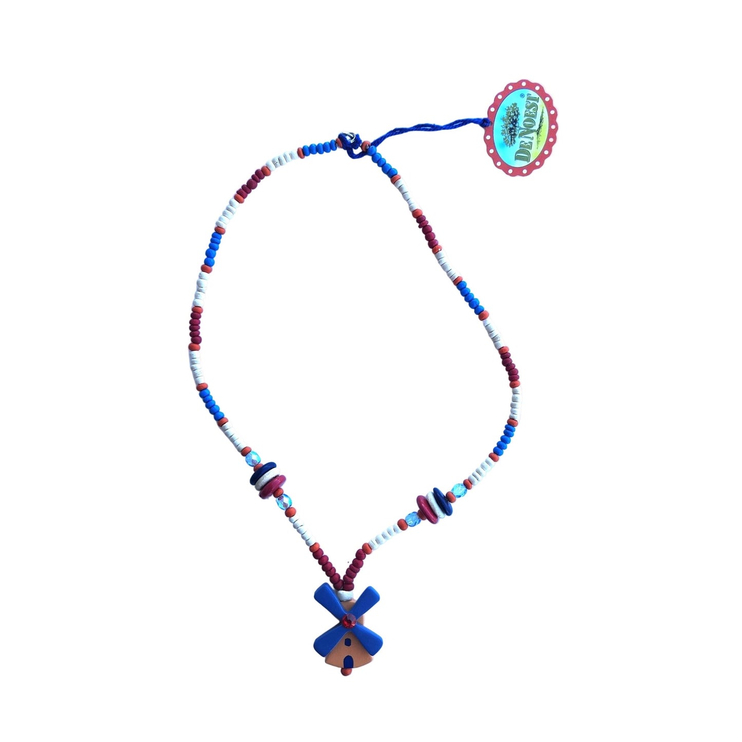 Colorful wooden beaded necklace with a windmill pendant on a white background