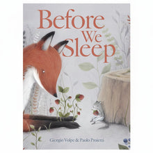 Children's book cover titled 'Before We Sleep' by Giorgio Volpe & Paolo Proietti, featuring an illustrated fox and a small mouse in a soft botanical scene.