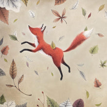 Illustrated children's book page showing a red fox leaping through falling leaves on a beige background.
