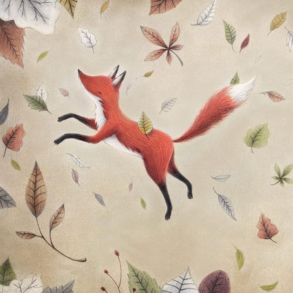 Illustrated children's book page showing a red fox leaping through falling leaves on a beige background.