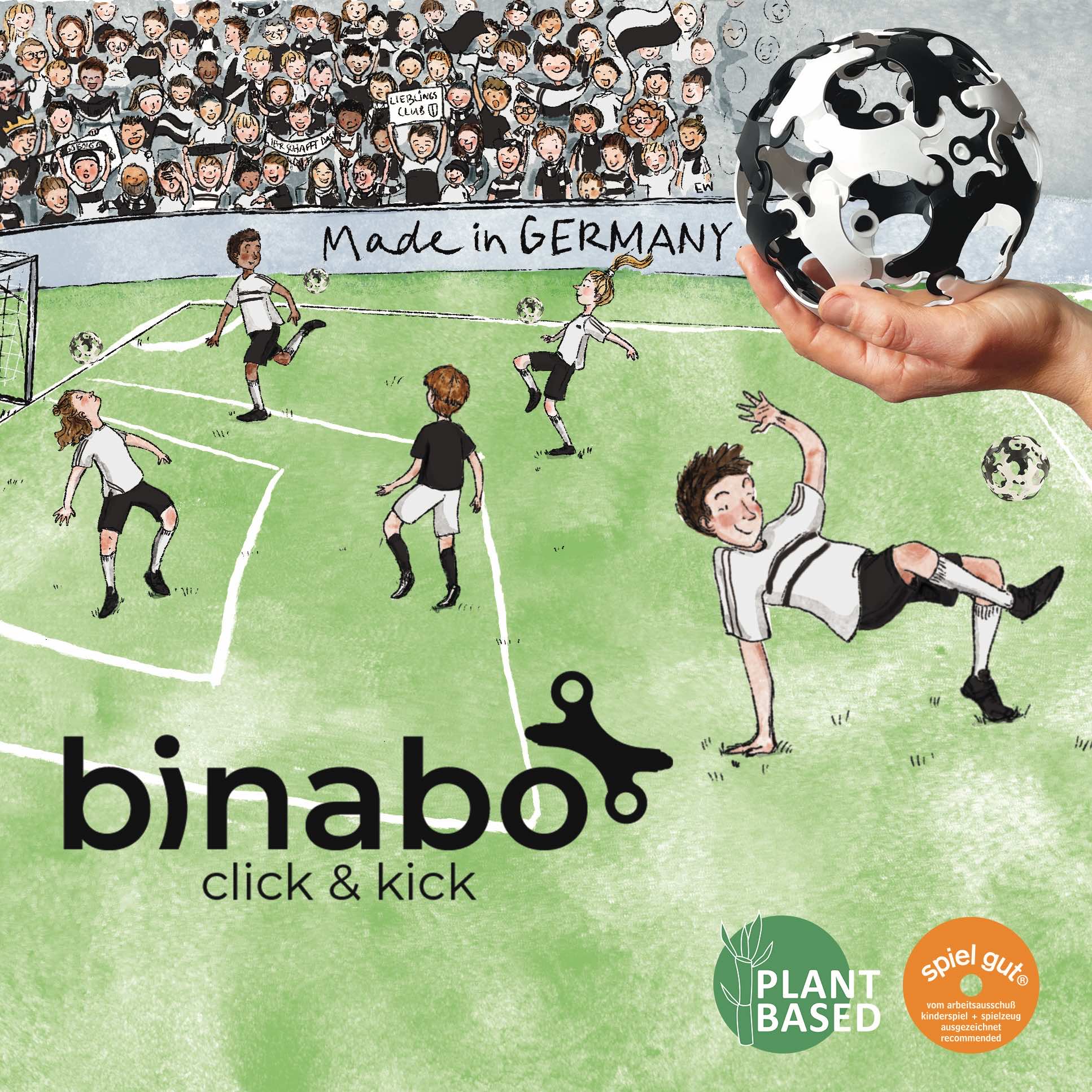 Soccer-themed product packaging with 'binabo' branding and soccer ball illustration.