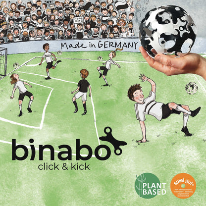 Soccer-themed product packaging with 'binabo' branding and soccer ball illustration.