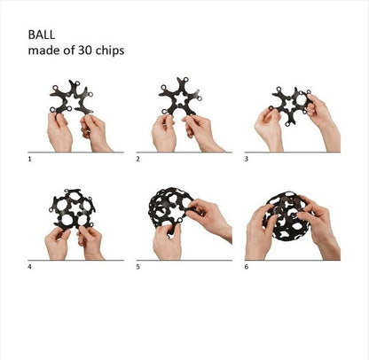 Step-by-step assembly of a black soccer ball with 30 chips.
