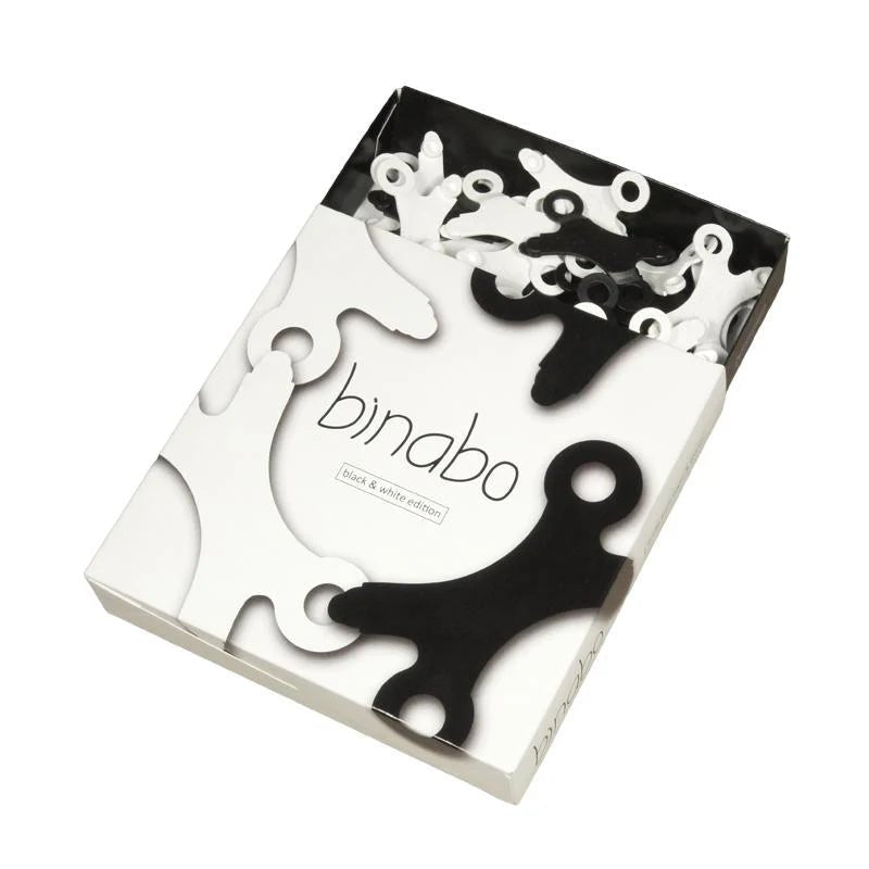 Binabo packaging showing black and white clips on a white background