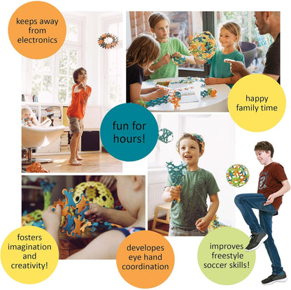 Children playing with a toy, surrounded by text highlighting benefits like 'happy family time' and 'improves freestyle soccer skills'.