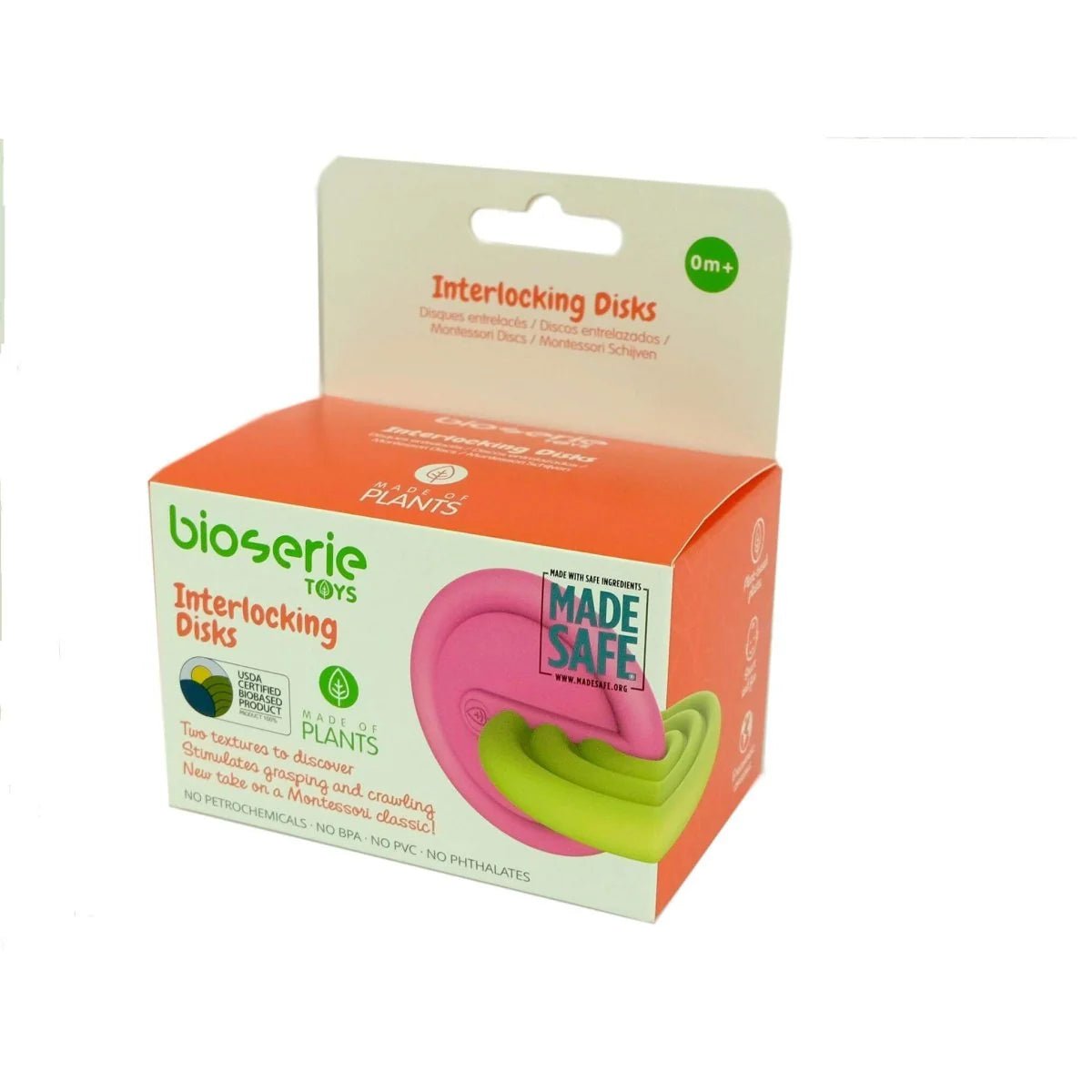 Box of bioserie toys interlocking disks with pink and green disks on a white background