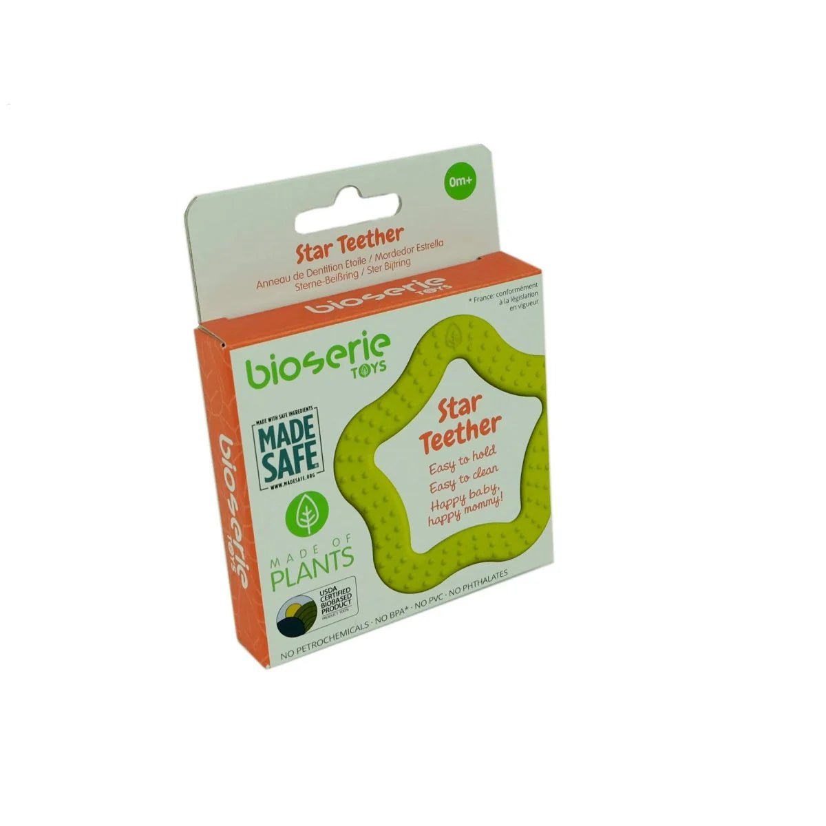 Green star-shaped teether packaging with 'bioserie' branding on a white background