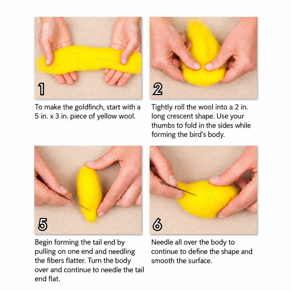 Photo instructions on how to make a felted goldfinch