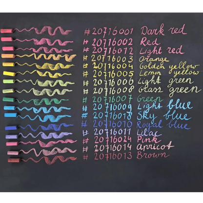 Assorted colored chalks on a blackboard with color names and codes.