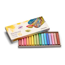 Box of colorful blackboard pastel chalk with mercurius branding on a white background